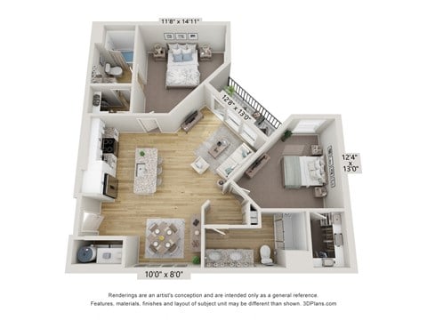 Floor plan for 2 beds, 2 baths, 1031 sqft